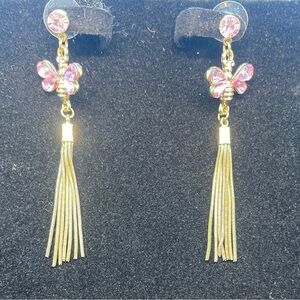 R J Graziano Pink Rhinestone Butterfly Tassel Earrings